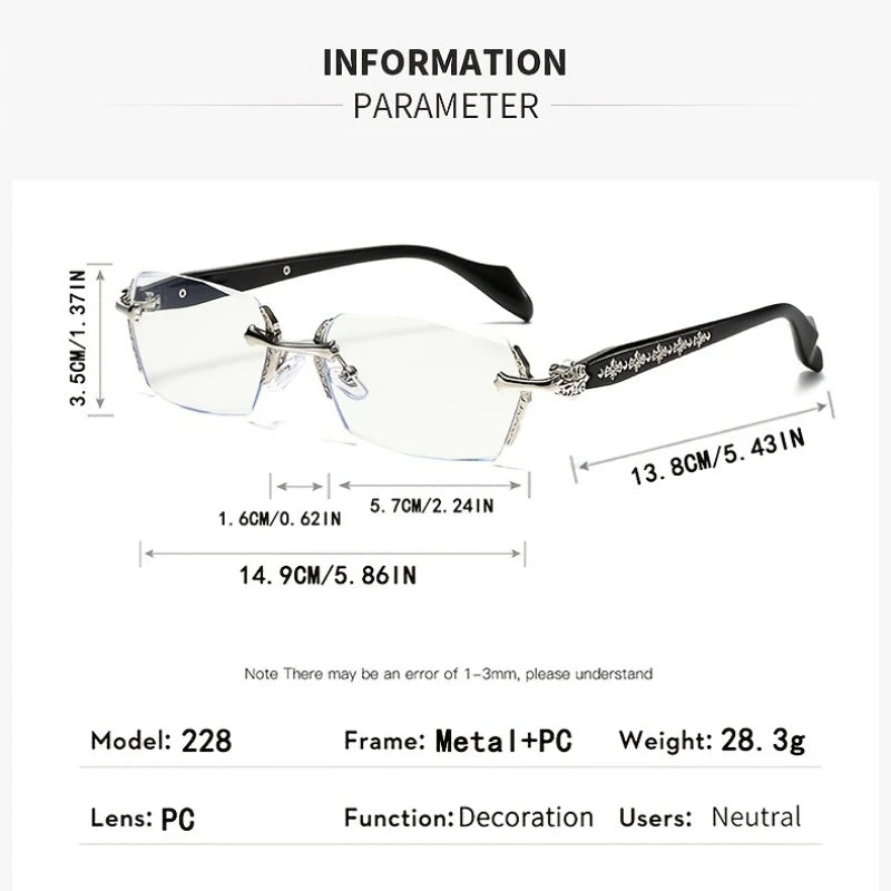 2 Sets of Pure Desire Style Metal Heavy Craft Glasses Frame Diamond Frameless Cut Edge Flat Mirror Daily Leisure Office Reading