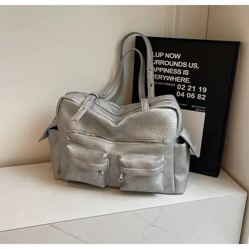 Women PU Leather Shoulder Bag Multi-Pockets Underarm Bag Solid Versatile Commuting Handbag Adjustable Strap Armpit Tote Bag