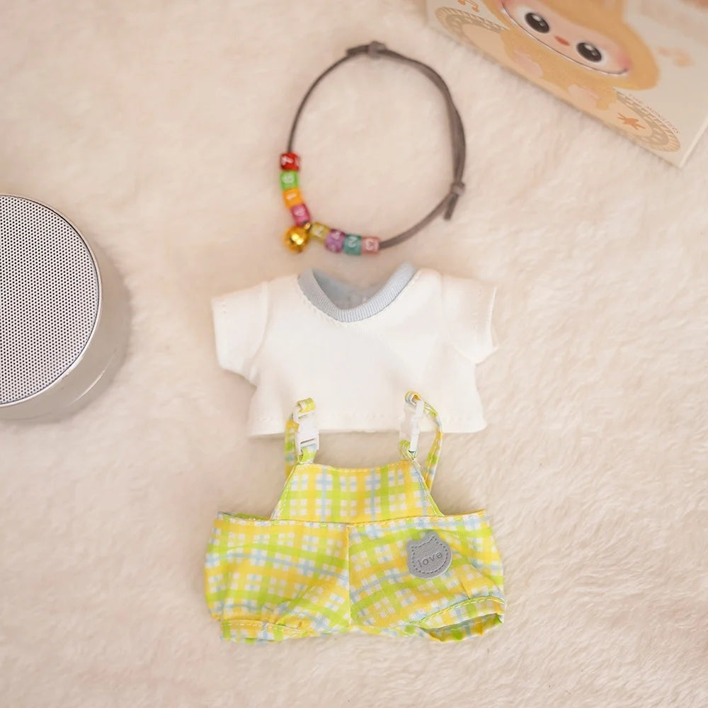 17cm Labubu Baby Coat Colorful Bubble Gum Checkered Overalls Labubu Doll Plush Toy Doll Costume Baby Coat