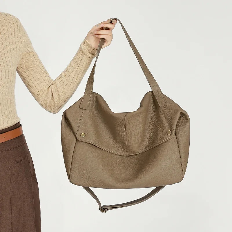 Genuine Cowhide Leather Large Slouchy Tote Bag for Women Pebbled Leather Foldable Shoulder Crossbody Bag Casual Leather Yoga Bag