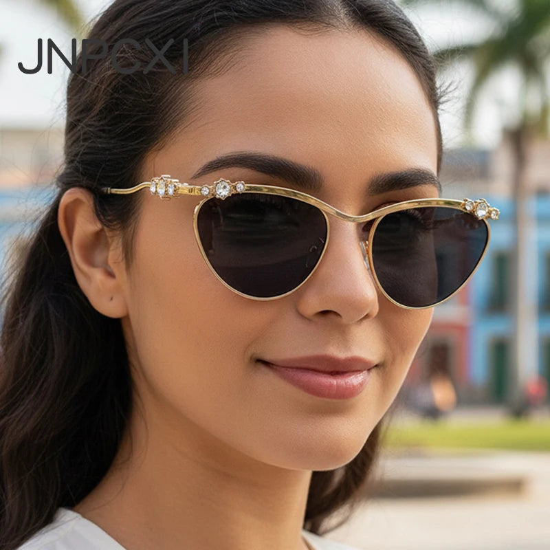 JNPCXI Cat Eye Punk Rhinestones Sunglasses Women Luxury Brand Metal Frame Sun Glasses for Lady Fashion Outdoor Eyewear Shades