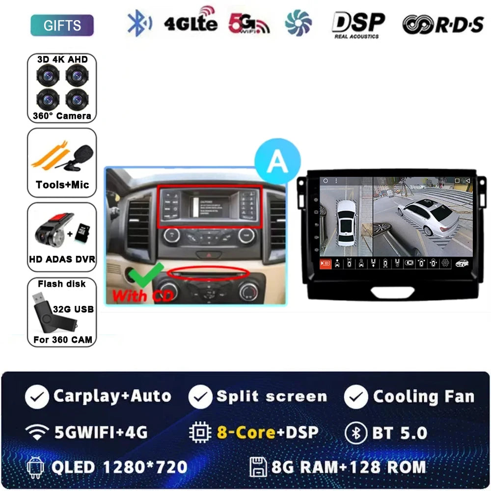 For Ford Ranger 2015 2016 2017 2018 2019-2022 Android 16 Car Radio Stereo QLED Screen GPS Multimedia Carplay Autoradio Head unit