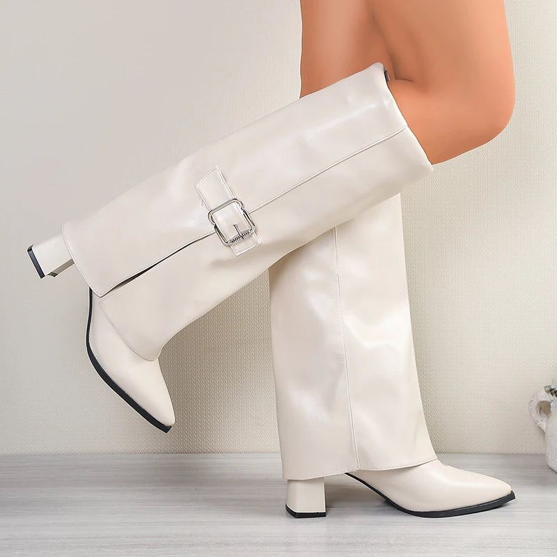 Sexy Pointed Toe High Heels Knee High Boots Women Punk Style Buckle Wide Leg Boots for Woman Pu Leather Gothic Long Botas Mujer