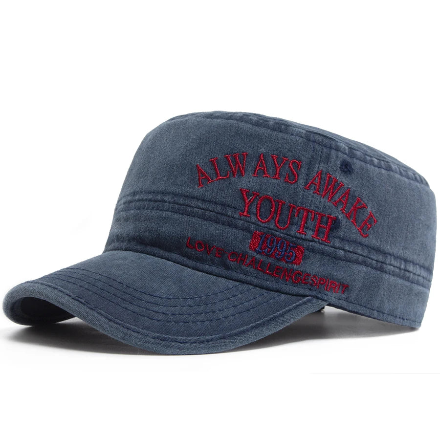 Vintage Flat Hat Men Letter Embroidery Visor Military Cap Outdoor Summer Retro Army Trucker Hats Women Baseball Caps Adjustable