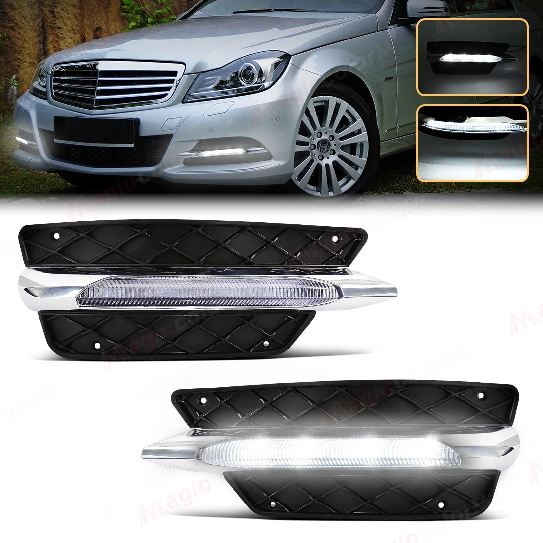 For Mercedes Benz W204 C-Class C250 C300 C350 Sports 2011 2012 2013 2014 LED Daytime Running Lights DRL Front Bumper Daylights