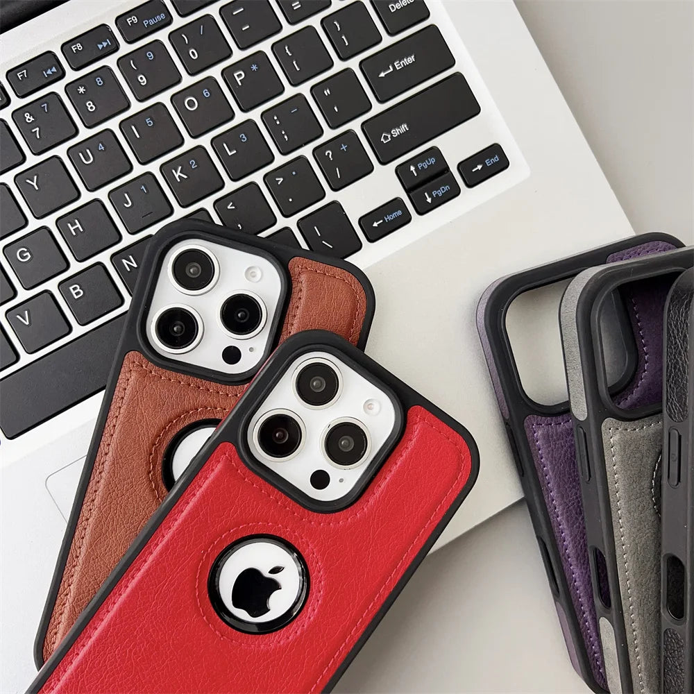 Luxury Business PU Leather Cowhide Case For iPhone 17 17Air 11 12 13 14 15 16 Pro Max Plus Logo Hole Shockproof Protective Cover