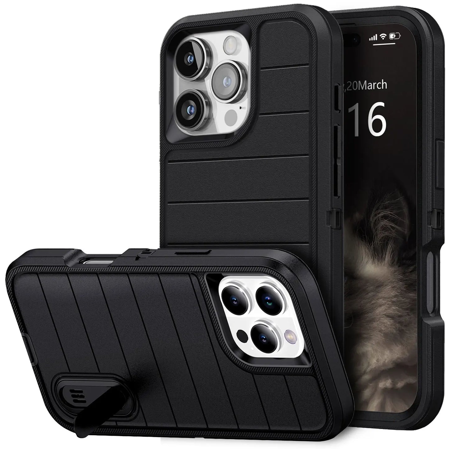 iPhone 16/16 Plus/16 Pro/16 Pro Max Case 3-Layer Heavy Duty Kickstand Cover