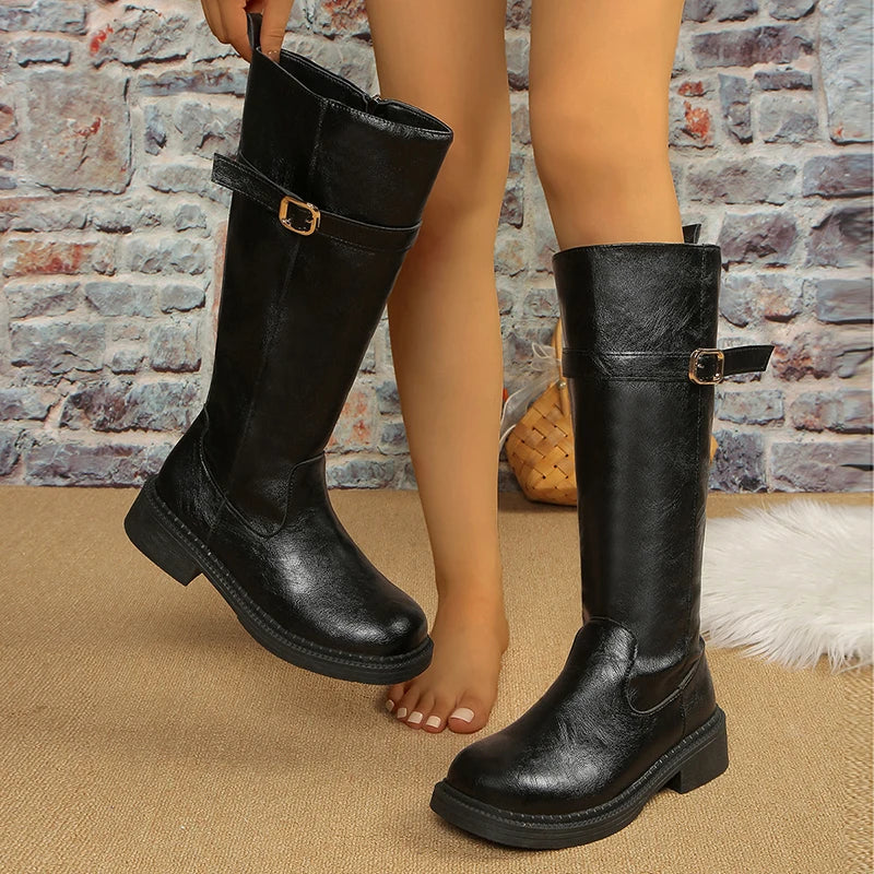 Fashion Buckle Platform Knee High Boots Women Side Zipper Pu Leather Long Boots Woman Wide Toe Thick Sole Riding Botas Mujer