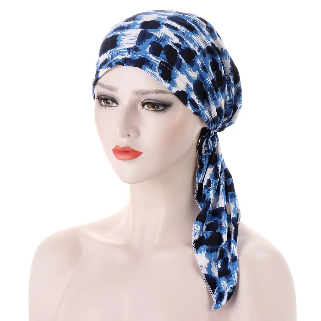 Trendy Print Women Muslim Hijab Caps Wrap Head Soft Elastic Long Tail Turban Bonnet Fashion Headdress Wearable