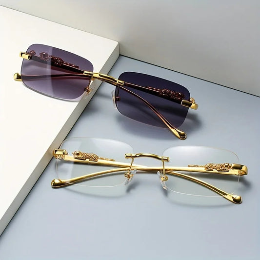 Frameless Rectangular Fashion Glasses for Men and Women Luxurious Design with Gold Metal Border Leopard Head Buckle