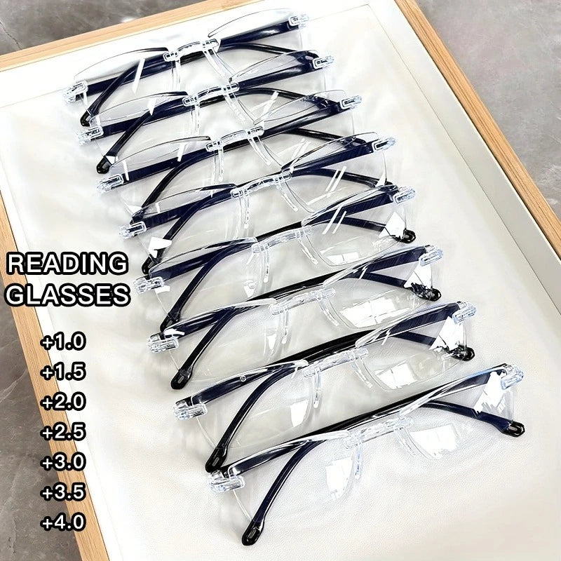 8 Pack Men's Clear and Transparent Lens Reading Glasses Lightweight Edge Cut Far Sighted Glasses Soft and Elastic Mirror Legs