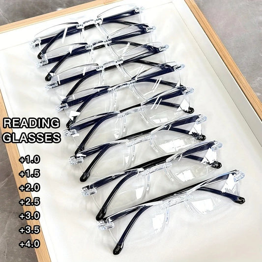 8 Pack Men's Clear and Transparent Lens Reading Glasses Lightweight Edge Cut Far Sighted Glasses Soft and Elastic Mirror Legs