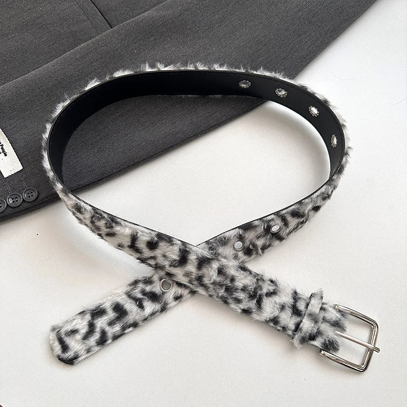 American Sexy Girl Style Pink Leopard Print Belt For Women With Skirt Jeans With Decoration Fluffy Waist Belt