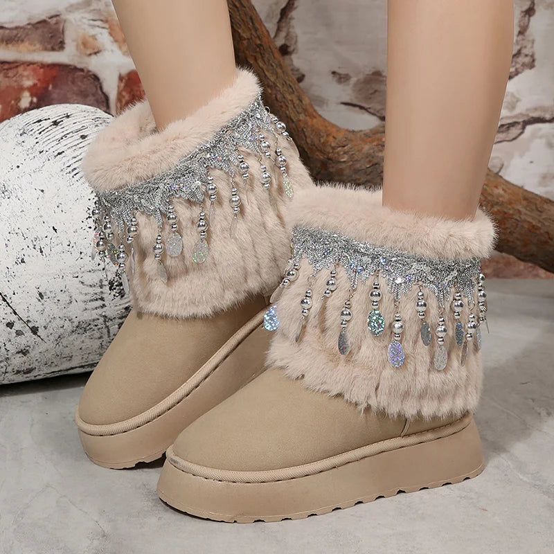 National Wind Sequins Fur Snow Boots Women Thick Sole Long Plush Winter Boots Woman Non Slip Cotton Padded Shoes Plus Size 43