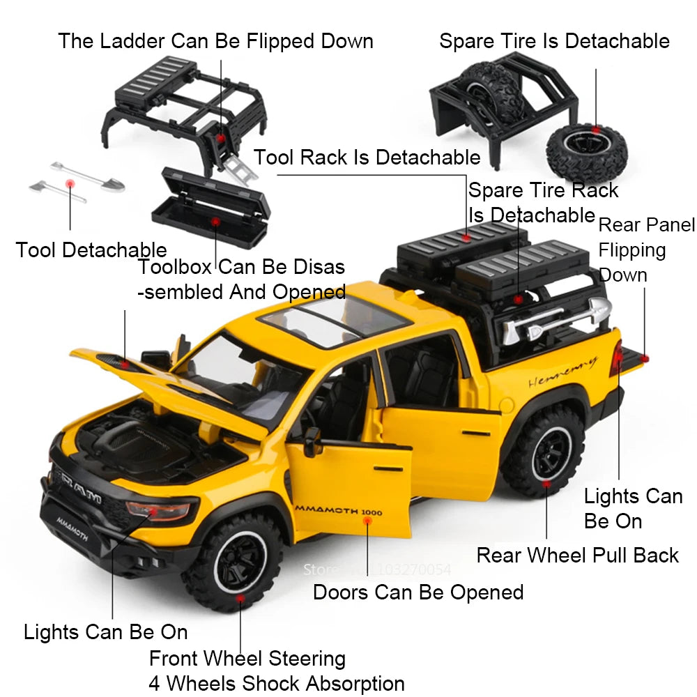 1:32 Scale Ram TRX Mammoth Pickup Car Model Diecast Alloy Toys with Sound Light Pull Back Doors Opened Camper Van Children's Toy