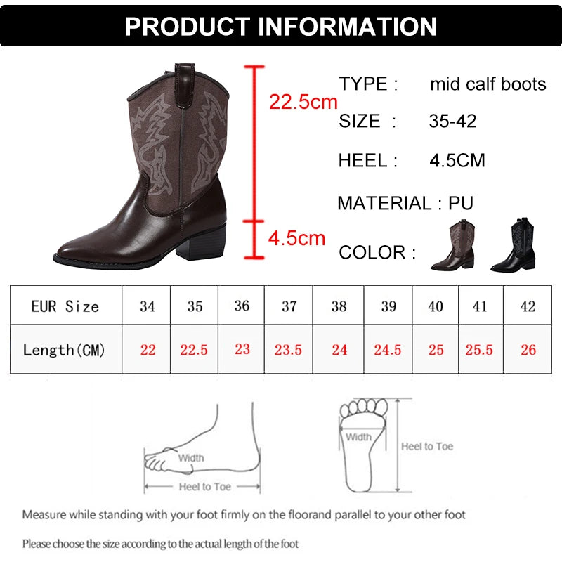 Vinatge Printed Western Cowboy Boots Women Pointed Toe Mid Heels Mid Calf Boots Woman 2025 Patchwork Slip On Tall Botas Mujer