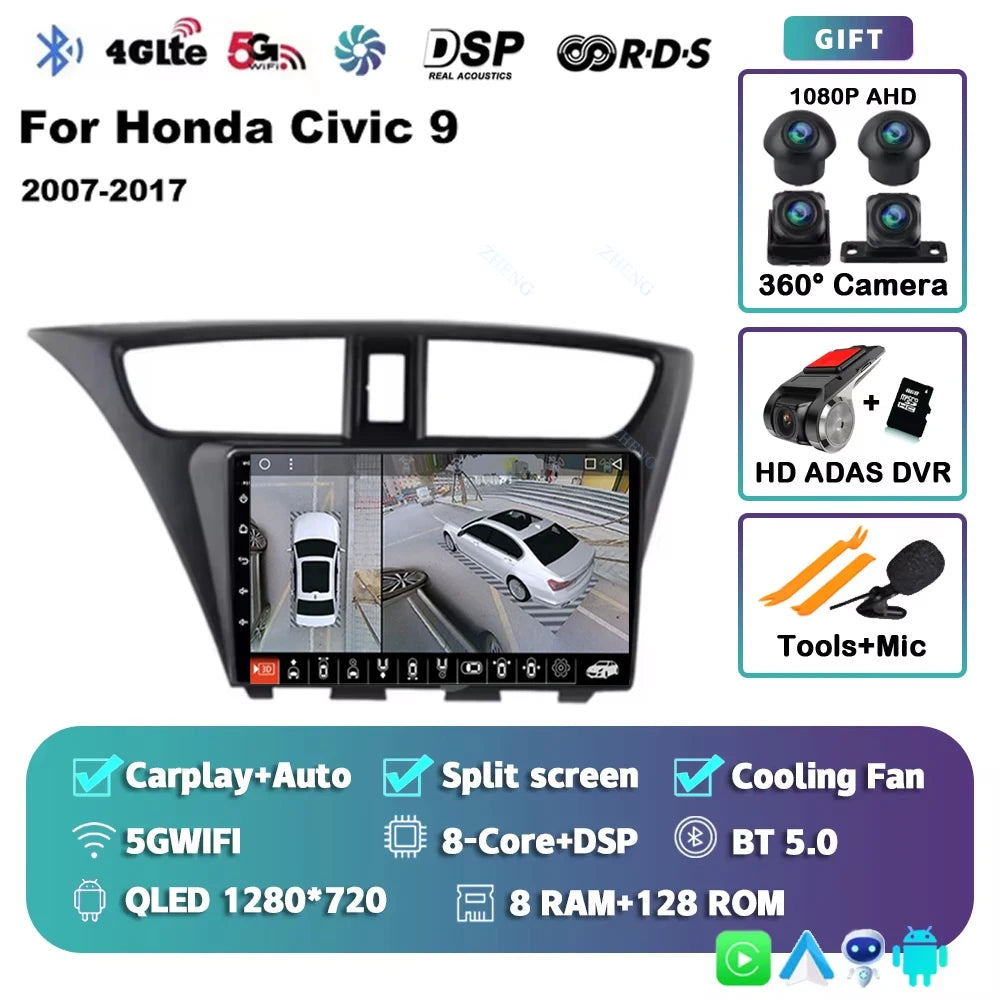 Carplay Android 14 Car Radio for Honda CIVIC 9 2011-2017 Qualcomm mulitmedia Video player Autoradio GSP Navigation Stereo screen