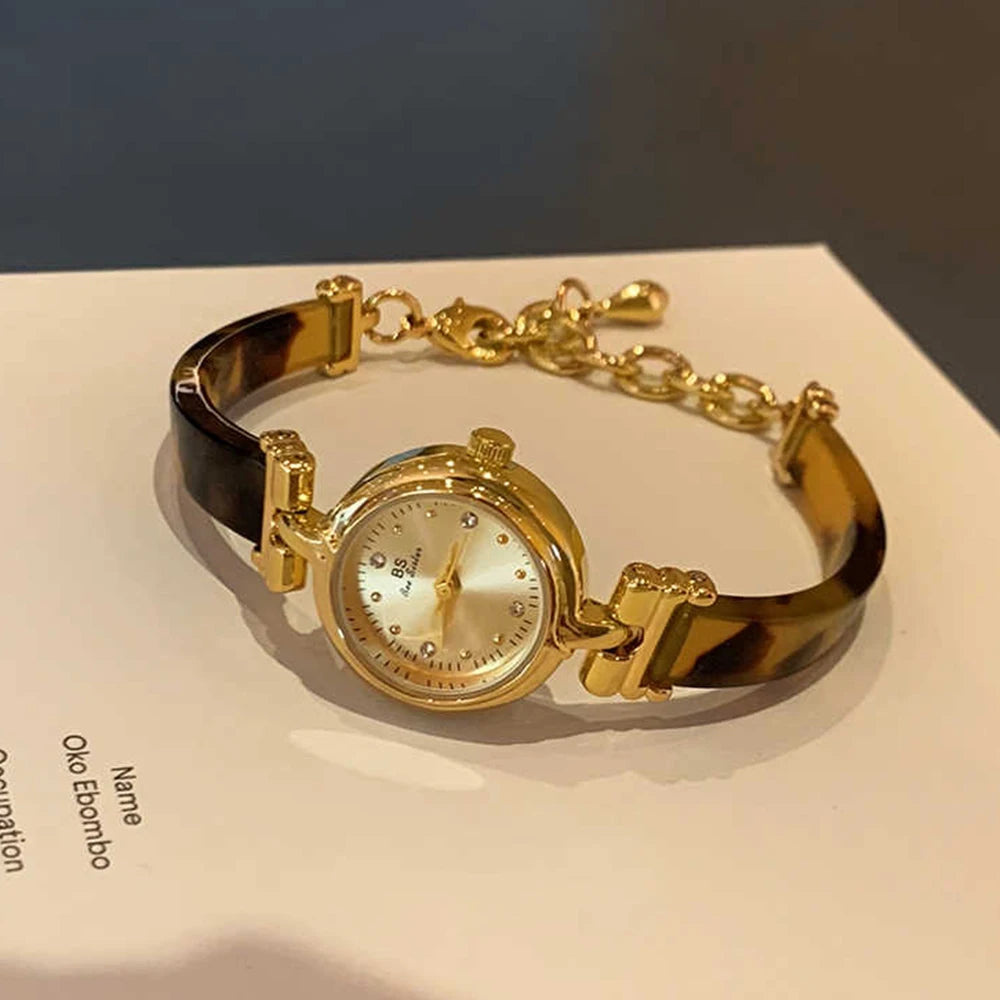 Bee Sister Women's Wristwatch Elegant Tortoiseshell Amber Fashion Vintage Golden Bracelet Chain Quartz Watch Women Gift