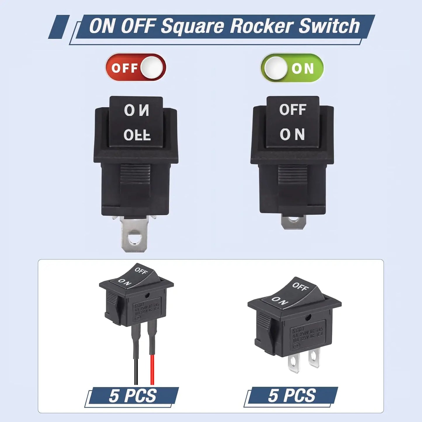 10pcs Rocker ON Off Switch 12V Toggle Switch KCD1 Mini Rocker Switches 2 Pin AC 6A 250V 10A 125V SPST 2 Position Black Square