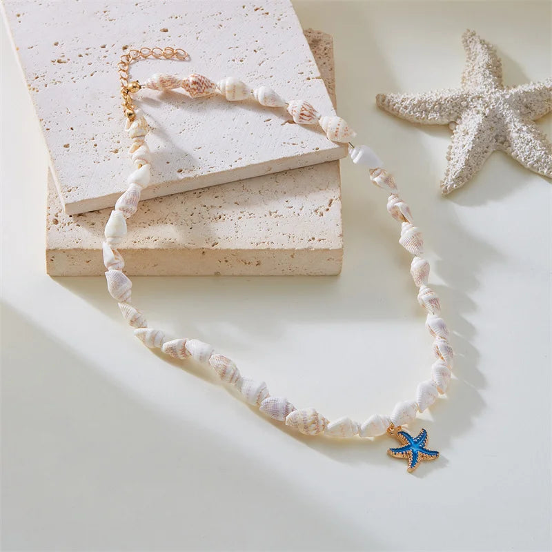 Summer Beach Style Shell Starfish Pendant Necklace for Women Handmade Seashell Conch Beaded Choker Necklace Boho Party Jewelry