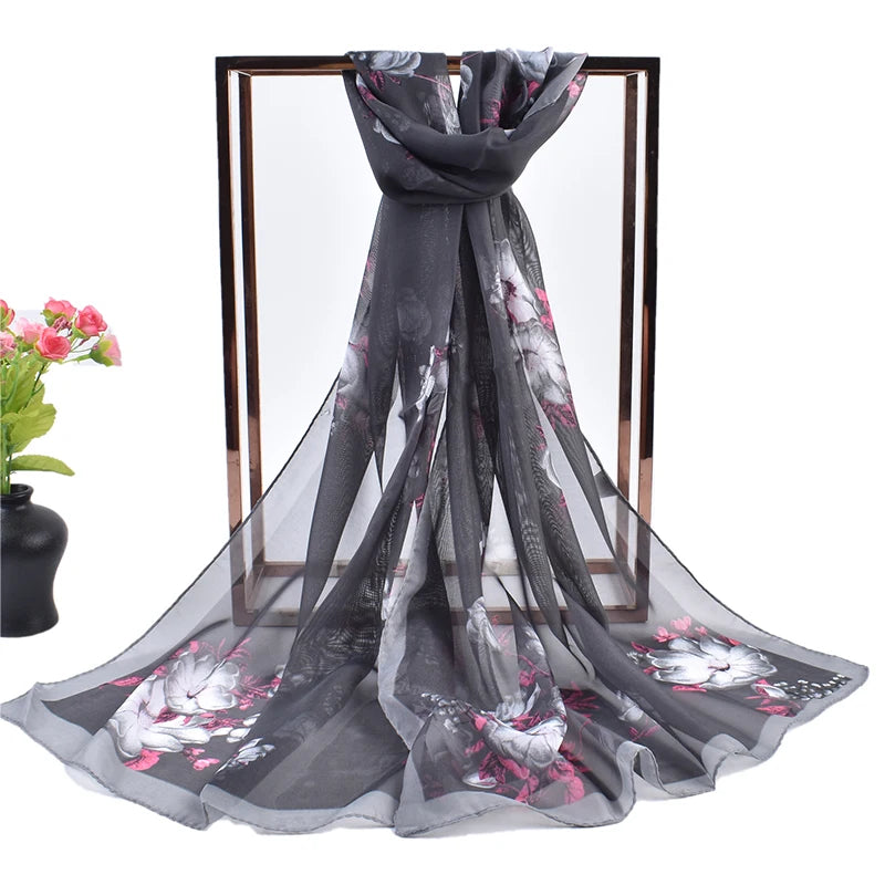 Summer New Fresh and Breathable Thin Natural Flower Printing Chiffon Women's Long Scarf Sunscreen Women's Scarf