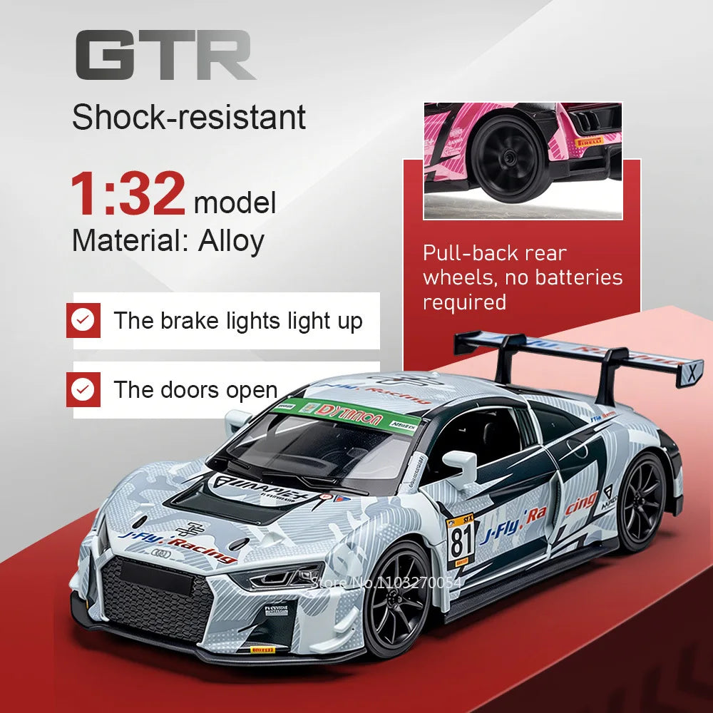 1:32 AUDI R8 LMS GT3 Alloy Diecast Models Toys Car Doors Opened Sound Light Pull Back Miniature Vehices Popular Children's Gifts