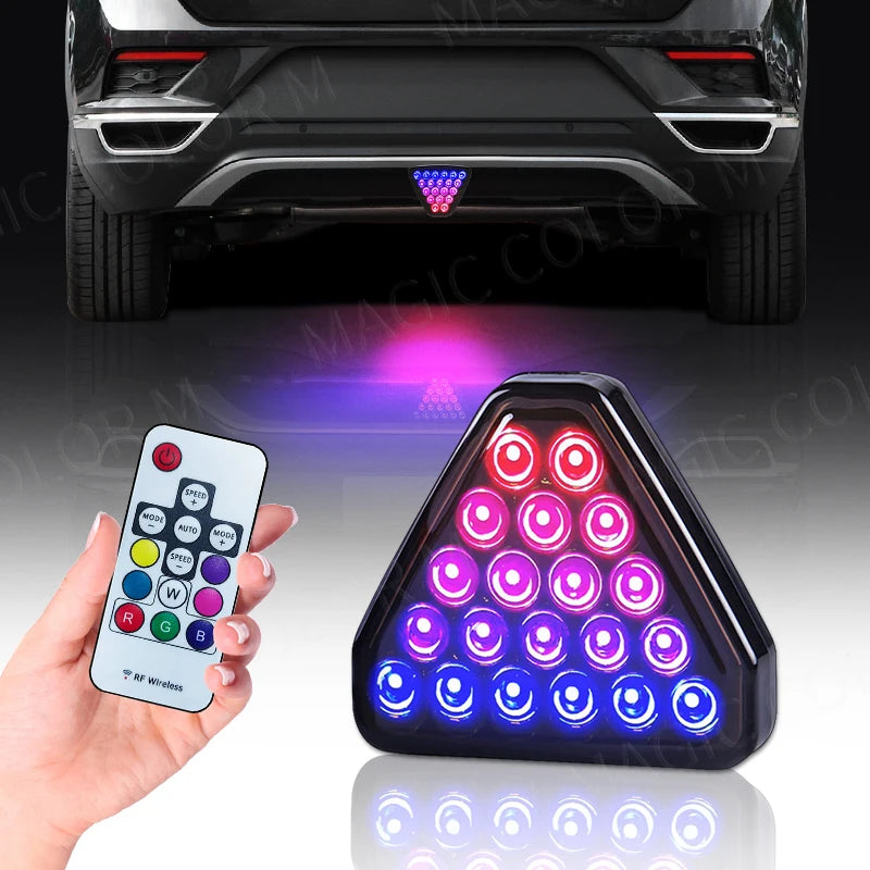 For F1 Style Motorcycle Car Pilot Lights Triangle Rear Brake Lamp Warning Strobe Stop Safety Black Red RGB Bumper