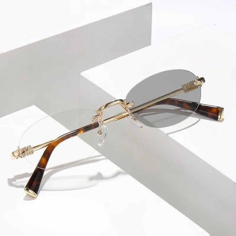 Rimless Oval Photochromic Sunglasses Men Women Lightweight Metal Frame Transition Lens UV400 Protection Sun Glasses