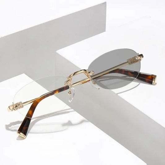 Rimless Oval Photochromic Sunglasses Men Women Lightweight Metal Frame Transition Lens UV400 Protection Sun Glasses