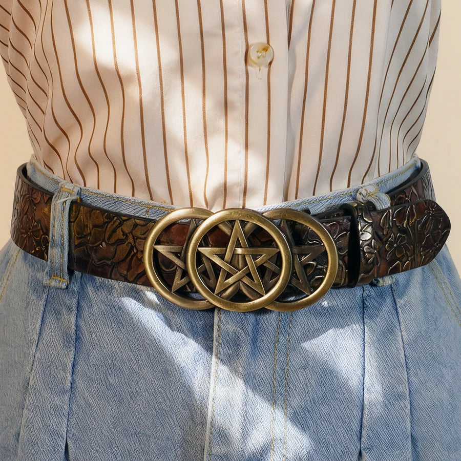 Gothic Pentagram Belt Women Vintage Metal Buckle Two-Tone Embossed Waist Cinch Fashion Accessory