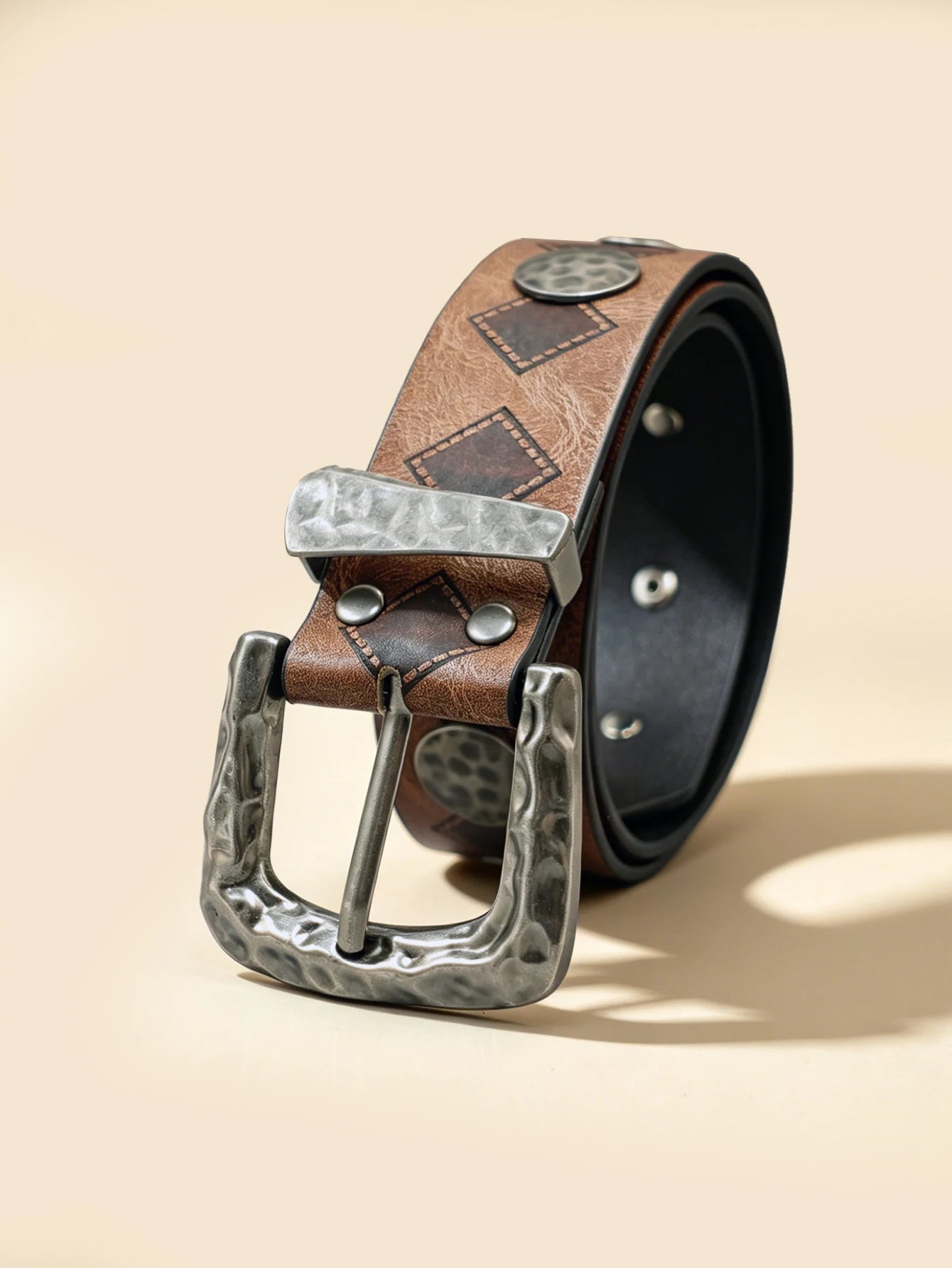Western Hammered Buckle Rivet Belt, Vintage Brown Diamond Embossed Unisex Waistband