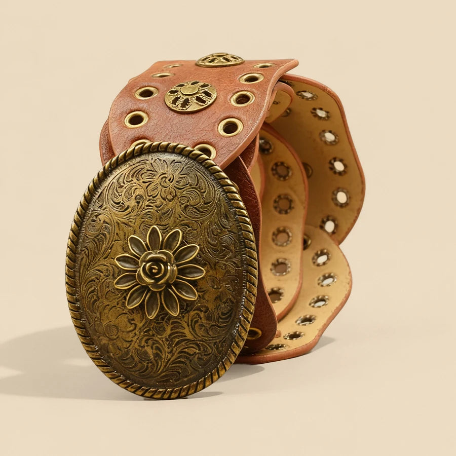 Vintage Flower Metal Buckle Wide Belt Brown Hollow Rivet Women's Waist Cinch Leather Belt Retro Distressed Style