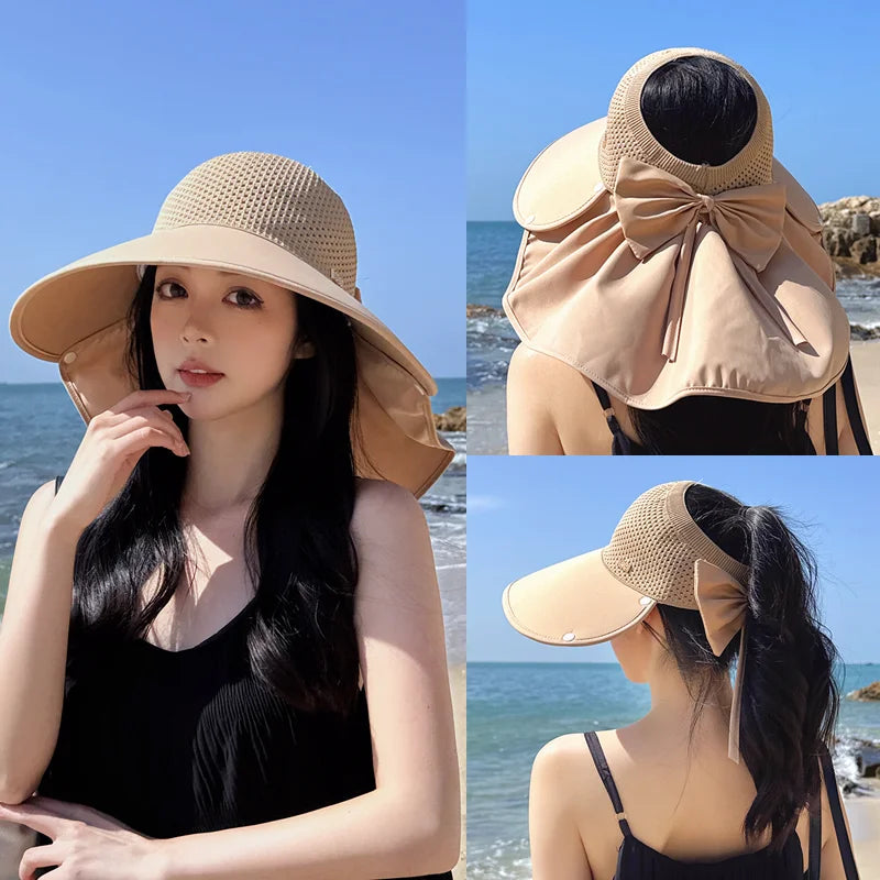 8487Summer large brimmed sun hat women's outdoor outing sun hat removable shawl neck protector empty fisherman hat