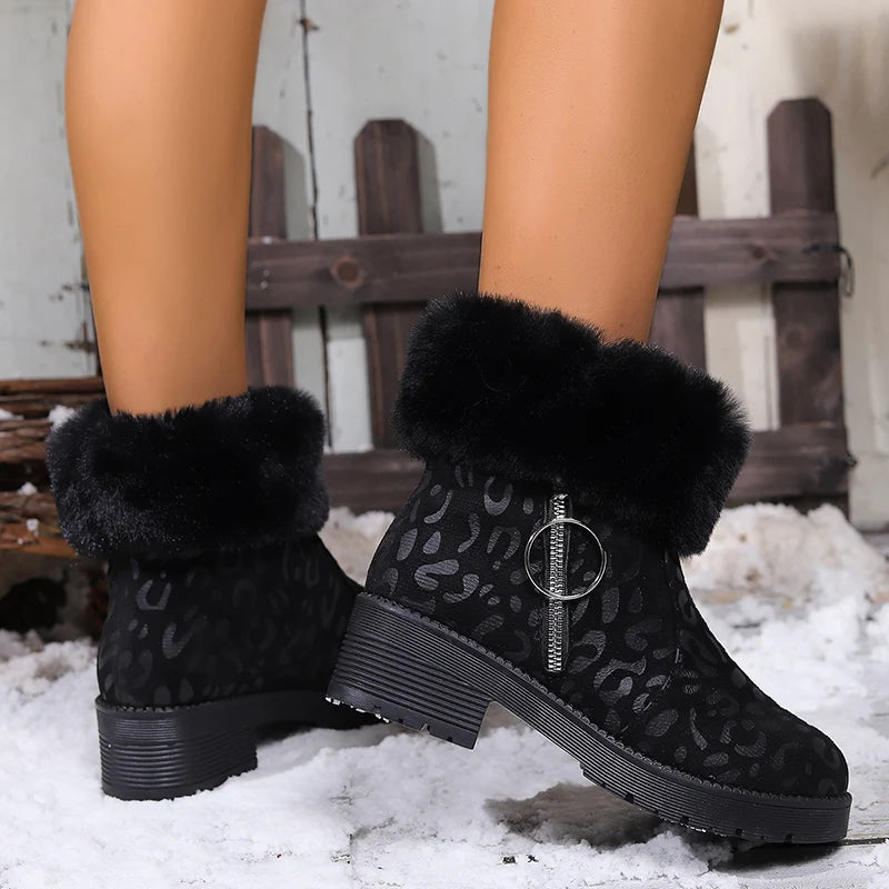 Fashion Leopard Print Faux Fur Ankle Boots Women Zipper Decor Thick Heels Winter Boots Woman Non Slip Warm Plush Short Booties