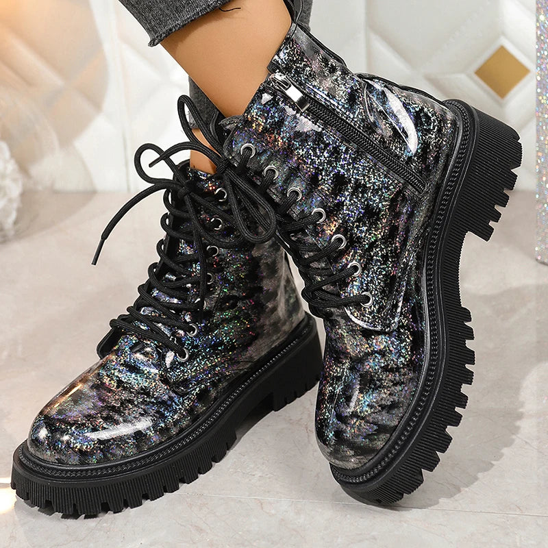 Bright Sequin Platform Ankle Boots Women Autumn Winter Waterproof Short Booties Mujer Fashion Lace Up Thick Sole Boots Plus Size