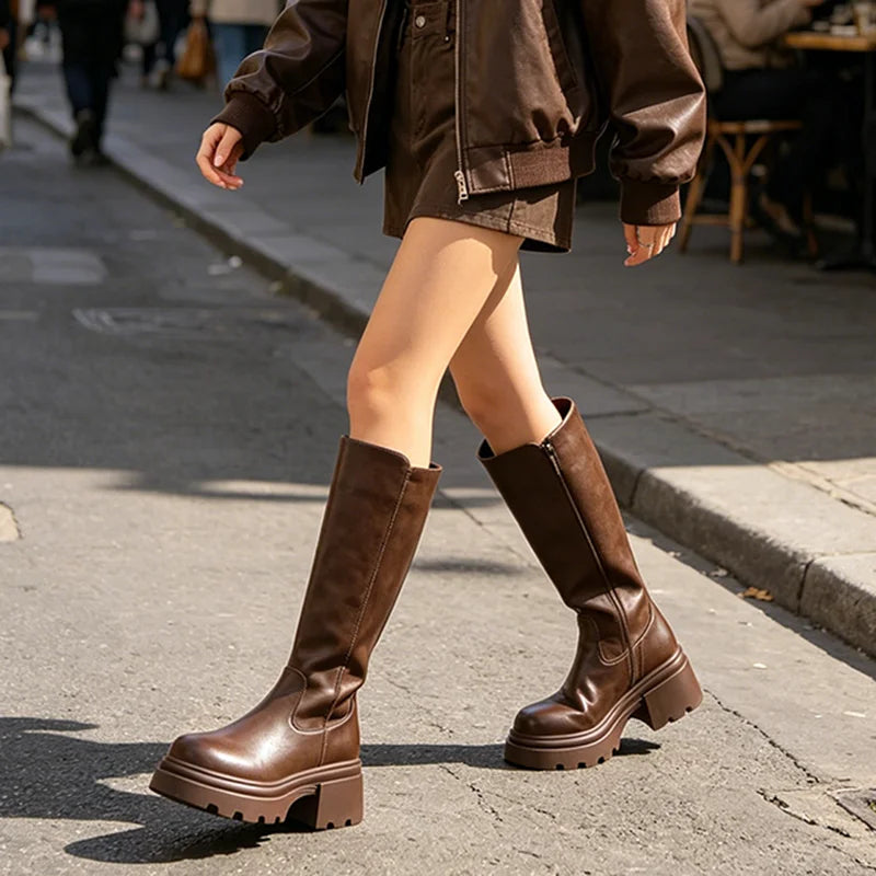 Streetwear Chunky Platform Knee High Boots Women Back Zipper High Heel Pu Leather Boots Woman Plus Size 42 Thick Sole Long Botas