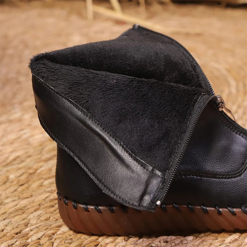 Vintage Pu Leather Mid-Calf Boots Women Winter Thick Warm Short Plush Boots Woman Zipper Flat Heel Beige Black Botas Mujer