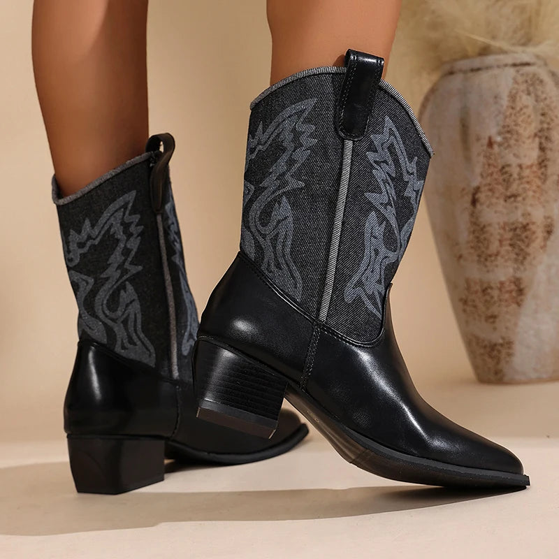 Vinatge Printed Western Cowboy Boots Women Pointed Toe Mid Heels Mid Calf Boots Woman 2025 Patchwork Slip On Tall Botas Mujer