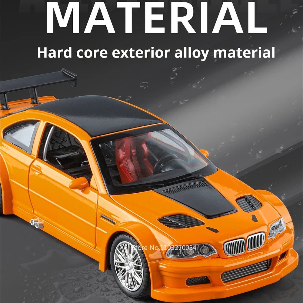 1:24 M3 GTR E46 R34 Model Diecast Alloy Sportscar Toys Sound Light Pull Back Front Wheel Steering Vehcie Children's Holiday Gift