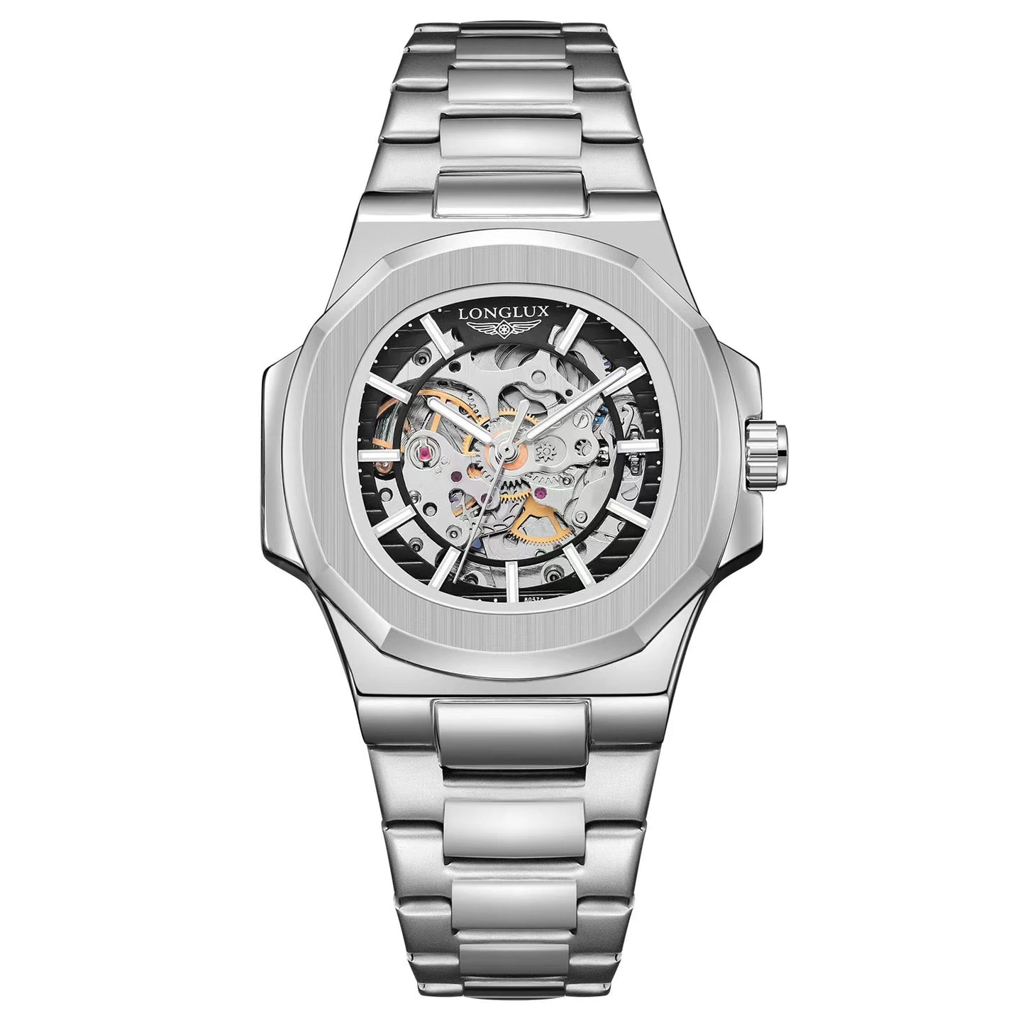 Silver LONGLUX Men automatic mechanical watch luxury waterproof skeleton Watches