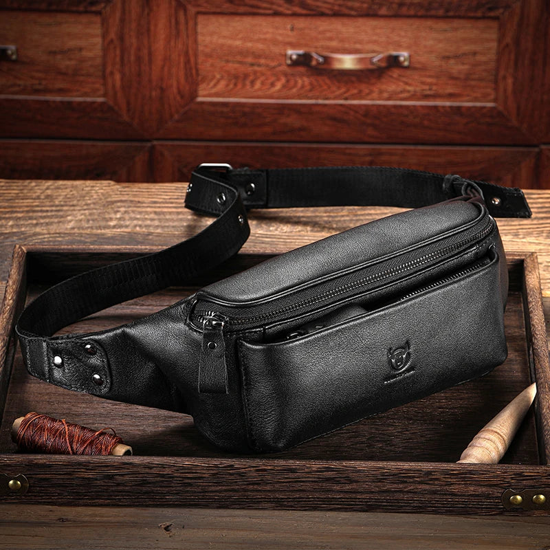 BULLCAPTAIN Men's Genuine Leather Waist Bag Casual Retro Mountaineering Bag Multifunctional Latch Lock Crossbody Chest Bag