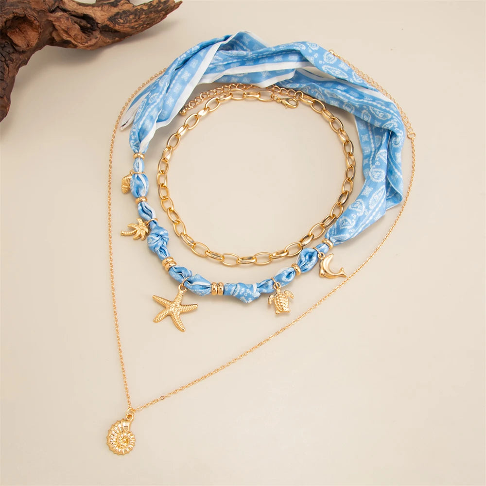 3Pcs Vacation Style Sun Shell Pendant Necklace Set Boho Ribbon Scarf Choker Layered Chain Summer Beach Jewelry Women