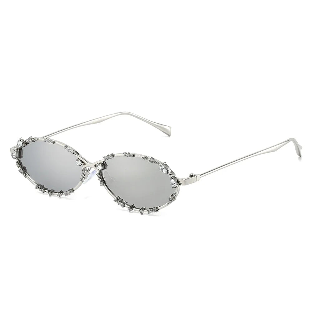 JNPCXI Retro Oval Punk Diamond Women Sunglasses Fashion Silver Shades UV400 Men Trending Sun Glasses