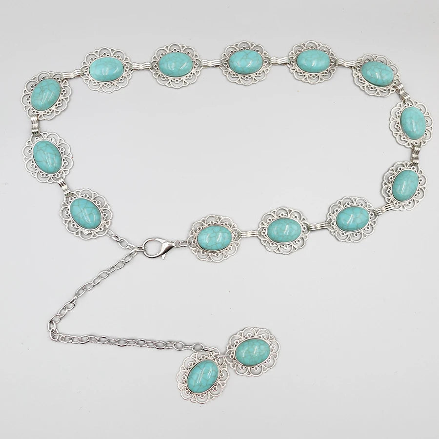 Bohemian Vintage Women's Belt - Carved Turquoise Waist Chain for Dresses, Holiday & Date Night Accessories