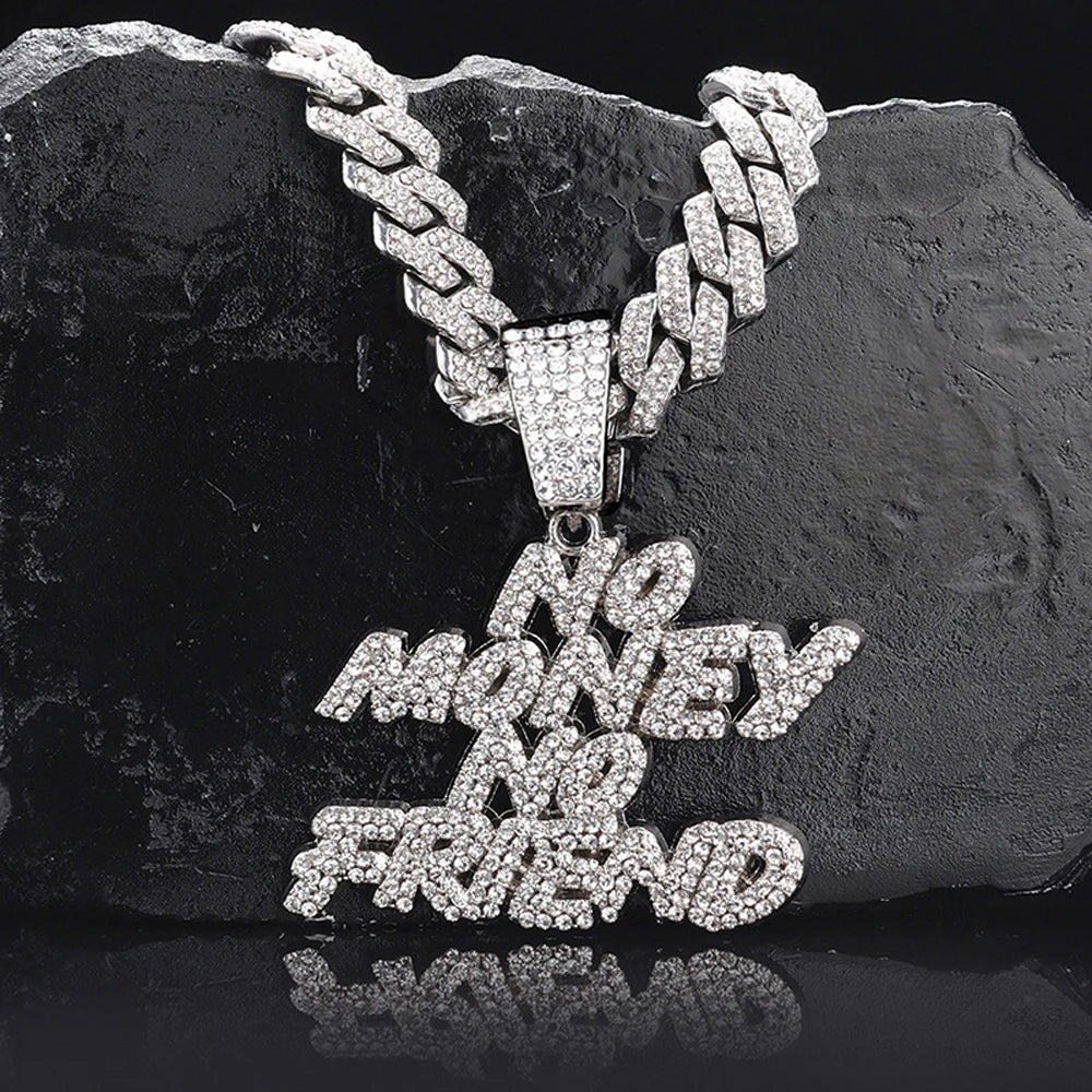 Men Women Hip Hop NO Money No Friend Pendant Necklace with 14mm Cuban Chain HipHop Iced Out Bling Necklaces Fashion Jewelry Gift