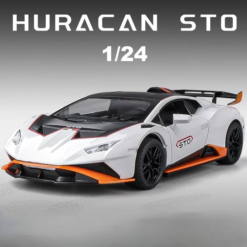 1/24 Scale Huracan STO 2021 Alloy Model Sport Car Toy Diecast Metal With Pull Back Sound light Vehicle for Kids Gifts Collection