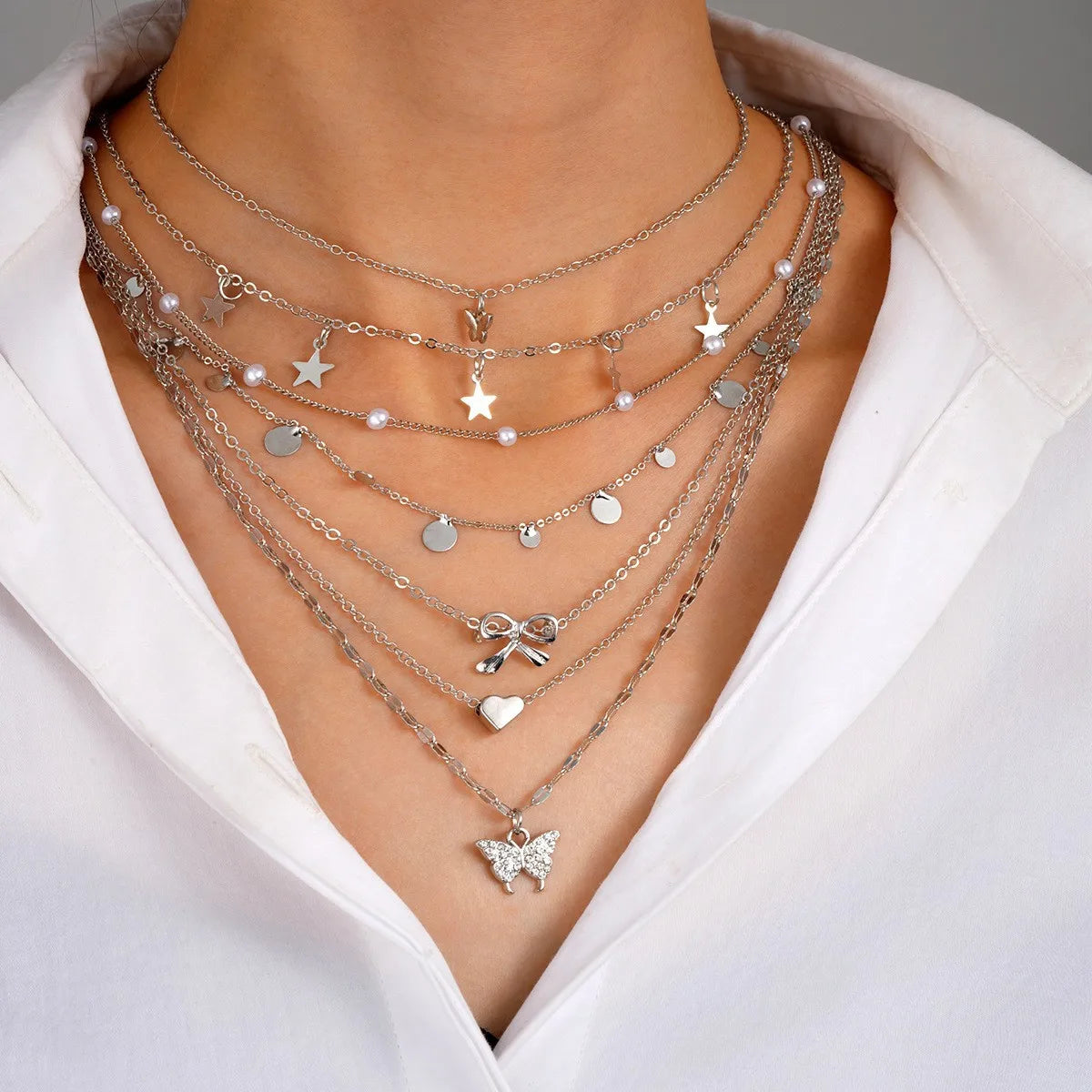 Vintage Imitation Pearl Shell Starfish Pendant Necklace for Women Fashion Multilayer Clavicle Chain Necklace Party Jewelry Gift