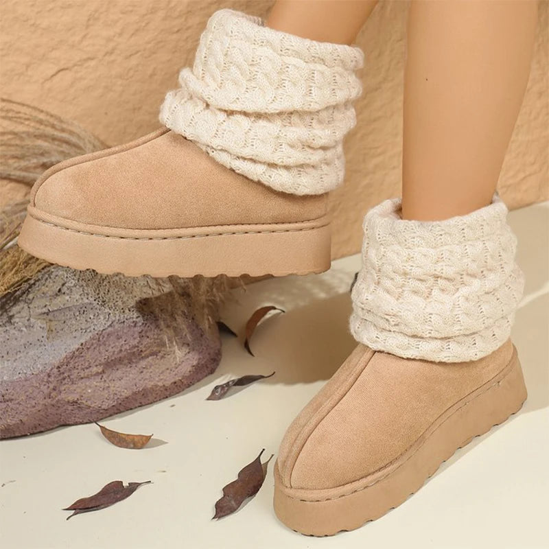 Fashion Knitted Leg Covers Snow Boots Women Winter Warm Faux Fur Ankle Boots Woman Plus Size 37-43 Platform Botas Female