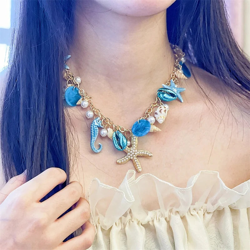 Exaggerated Big Starfish Conch Pendant Necklace Vacation Ocean Style Shell Pearl Choker Necklaces for Women Beach Party Jewelry