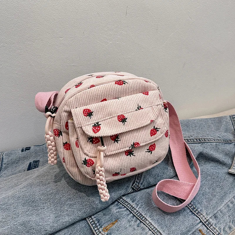 Korean Harajuku Shoulder Bag for Women Strawberry Pattern Trendy Crossbody Bag Corduroy Handbag Casual Multi-pocket Student Bag